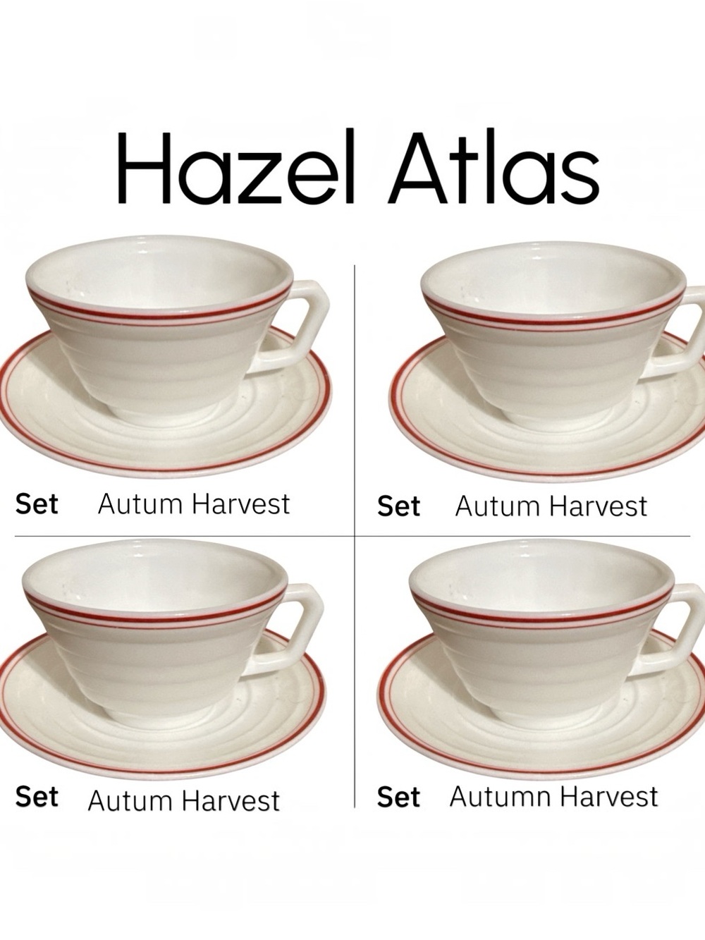 Hazel Atlas Moderntone Platonite Red Stripe Cup & Saucer Set 4 Autumn Harvest
